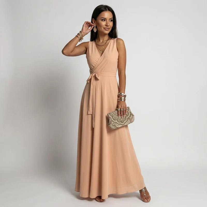 Ärmelloses Maxikleid in bodenlanger Form mit Wickeloptik