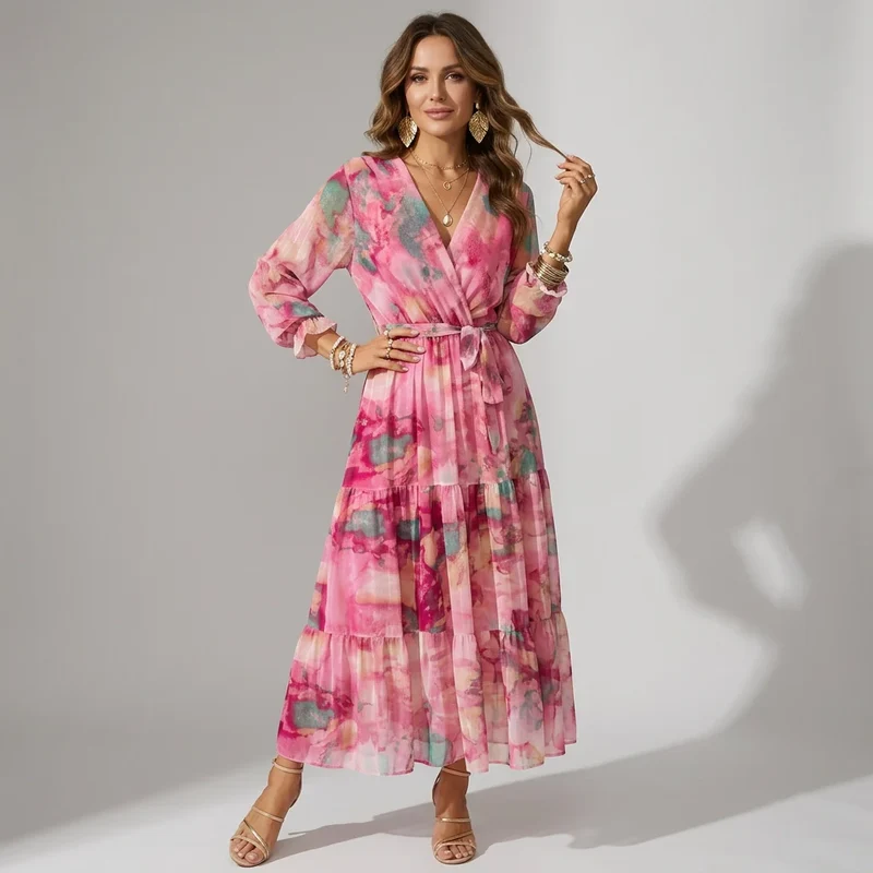 Maxikleid für Damen in eleganter Wickeloptik mit langen Ärmeln