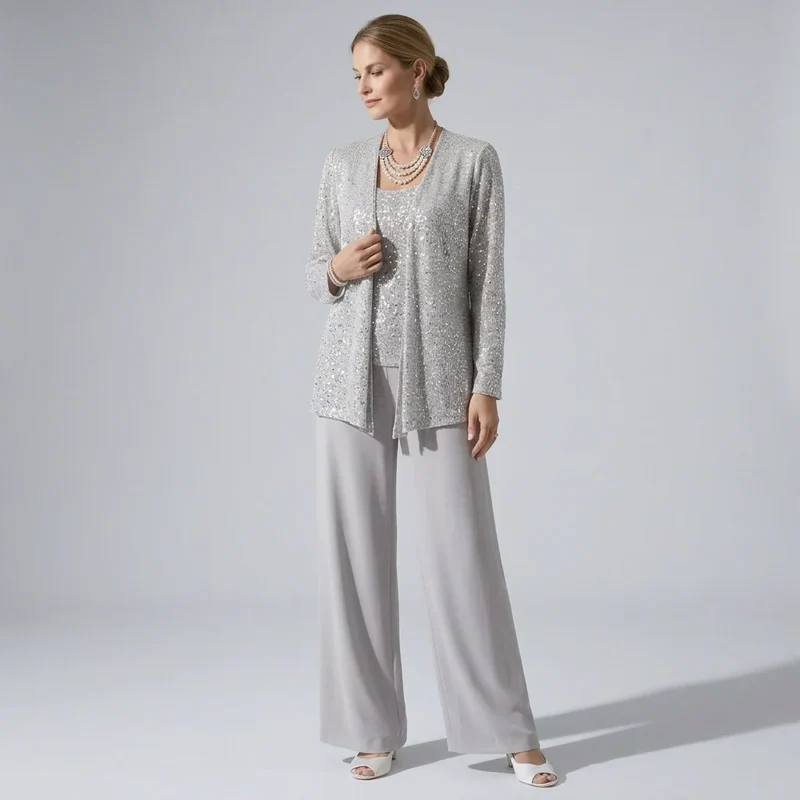 Dreiteiliger Hosenanzug für Damen als Hochzeitsgast mit weiter Hose und Pailletten Spitze