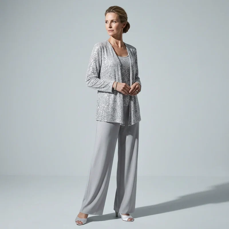 Dreiteiliger Hosenanzug für Damen als Hochzeitsgast mit weiter Hose und Pailletten Spitze