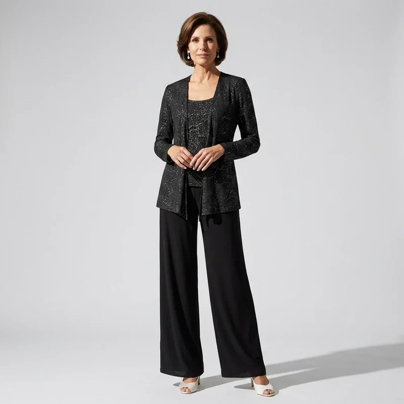 Dreiteiliger Hosenanzug für Damen als Hochzeitsgast mit weiter Hose und Pailletten Spitze