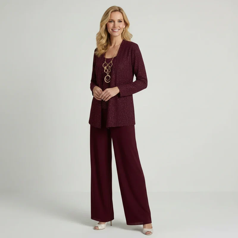 Dreiteiliger Hosenanzug für Damen als Hochzeitsgast mit weiter Hose und Pailletten Spitze
