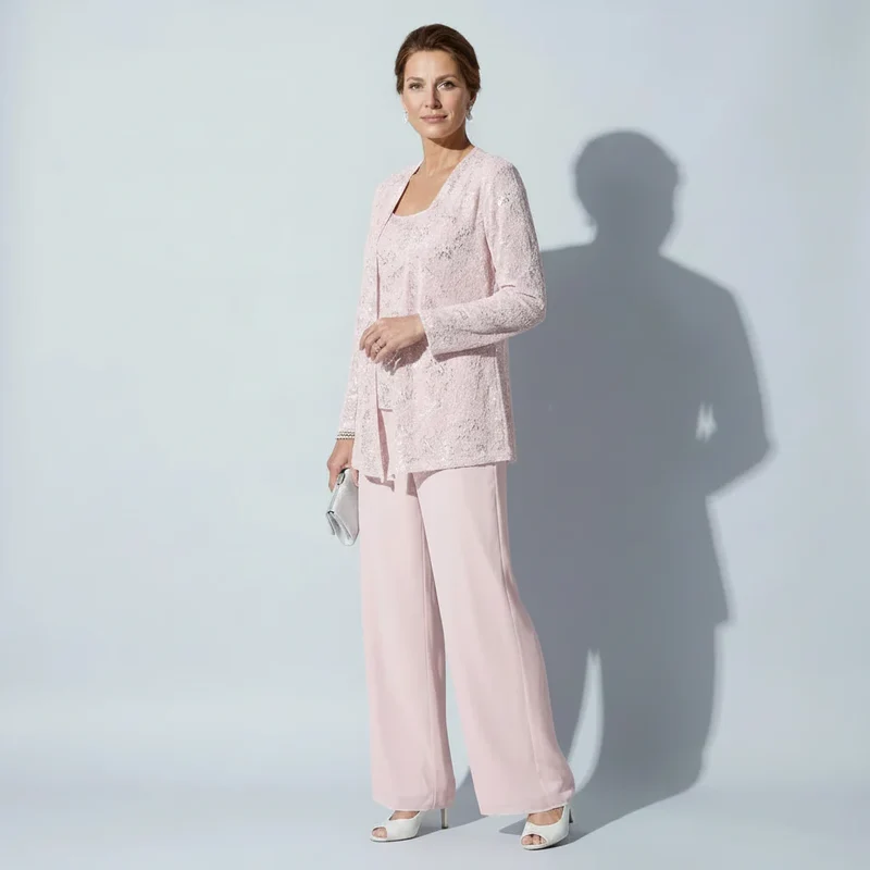 Dreiteiliger Hosenanzug für Damen als Hochzeitsgast mit weiter Hose und Pailletten Spitze