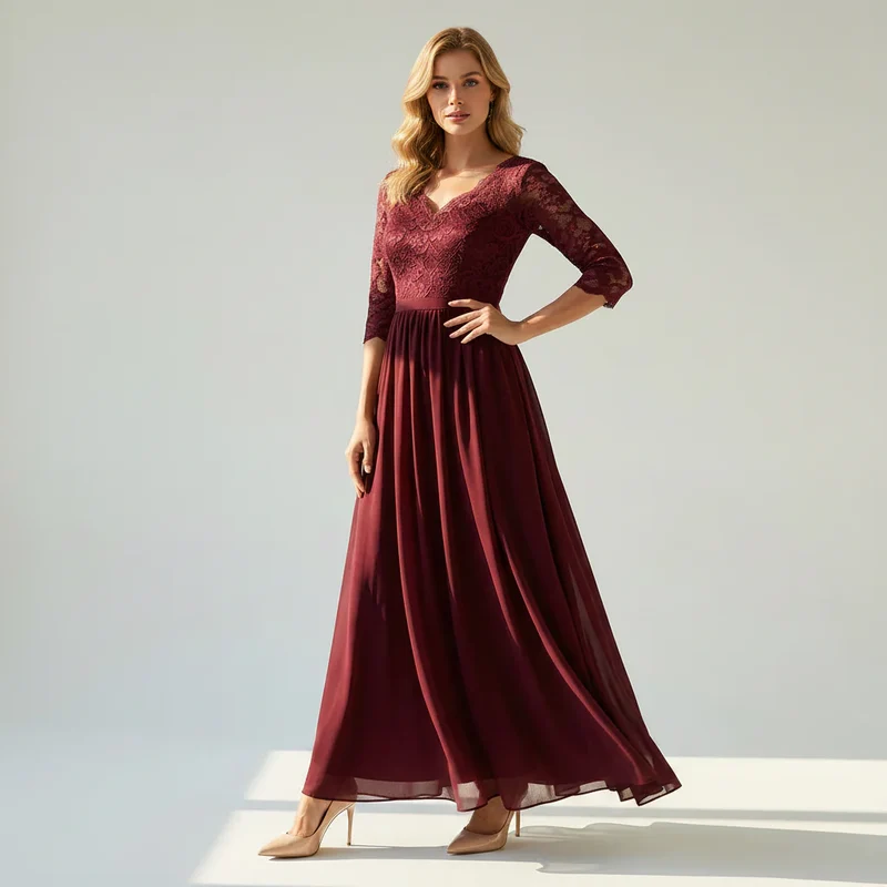 Langes Kleid für Damen aus Chiffon mit Spitze und 3/4 Ärmeln im Locker Fallenden Design