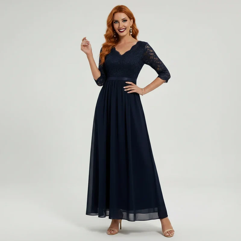 Langes Kleid für Damen aus Chiffon mit Spitze und 3/4 Ärmeln im Locker Fallenden Design
