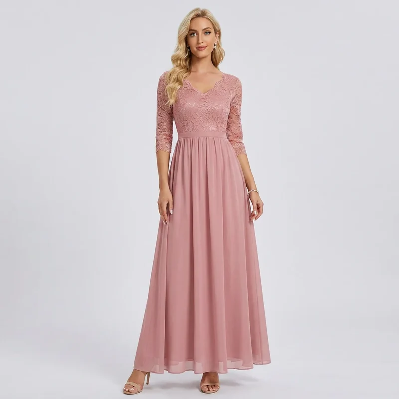 Langes Kleid für Damen aus Chiffon mit Spitze und 3/4 Ärmeln im Locker Fallenden Design
