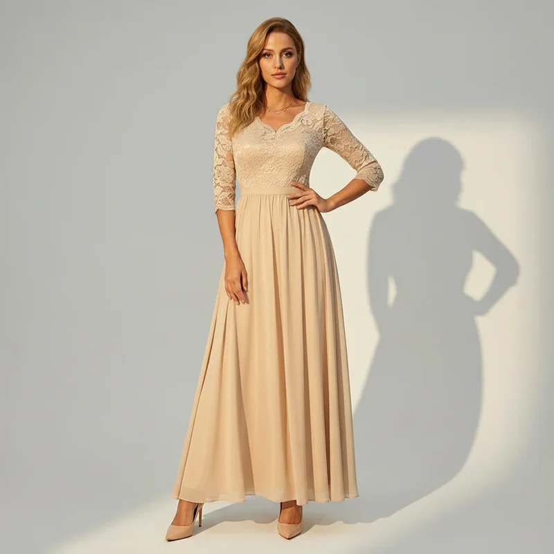 Langes Kleid für Damen aus Chiffon mit Spitze und 3/4 Ärmeln im Locker Fallenden Design
