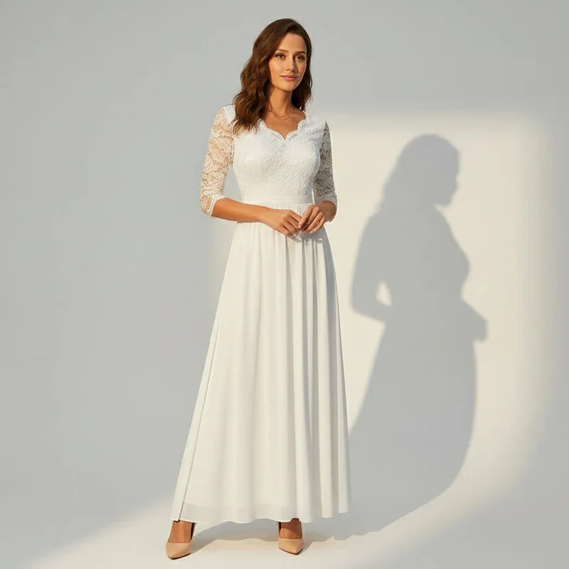 Langes Kleid für Damen aus Chiffon mit Spitze und 3/4 Ärmeln im Locker Fallenden Design