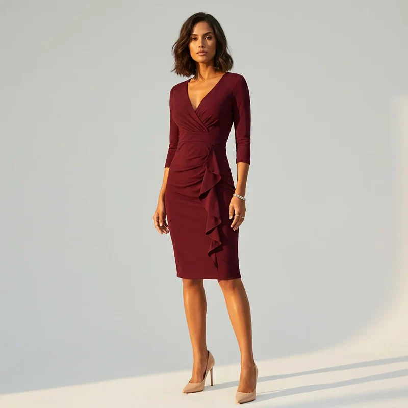 Elegantes Midikleid mit Drapierung und 3/4 Ärmeln
