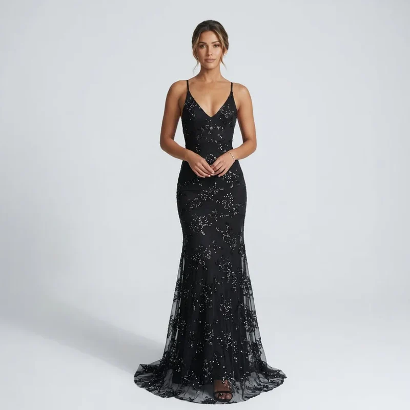 Rückenfreies Abendkleid mit Glitzer Applikationen im Meerjungfrau Stil