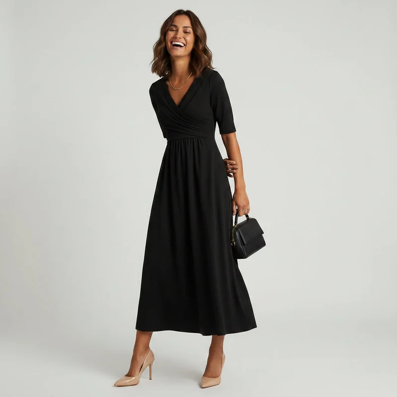 Wadenlanges Kleid mit Kurzarm und Wickeloptik im locker fallenden Design