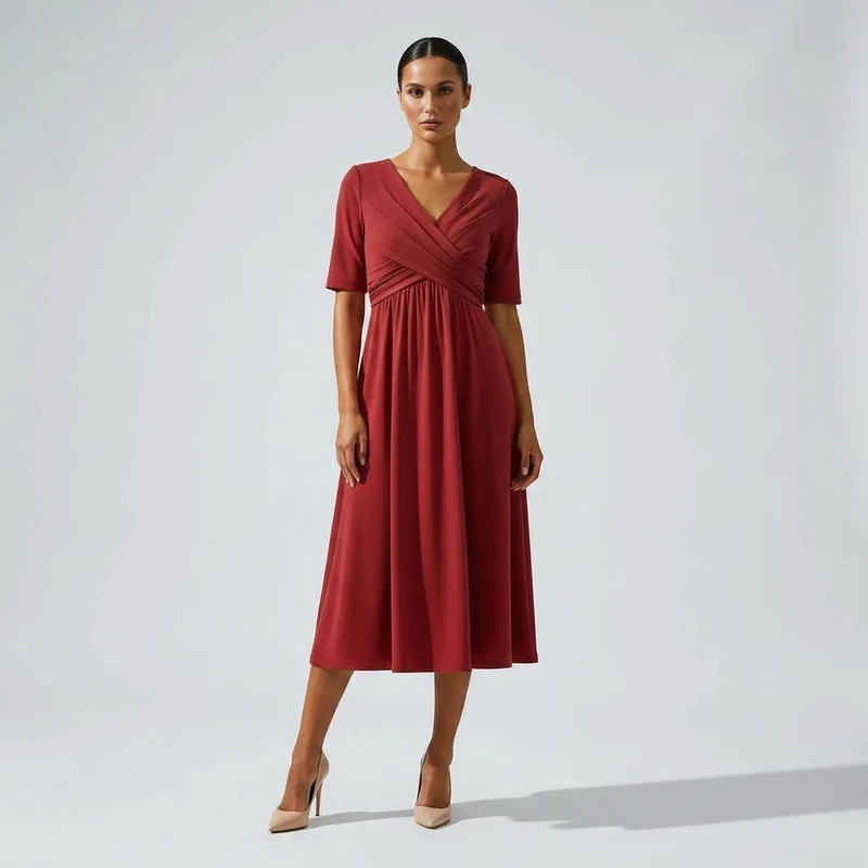 Wadenlanges Kleid mit Kurzarm und Wickeloptik im locker fallenden Design