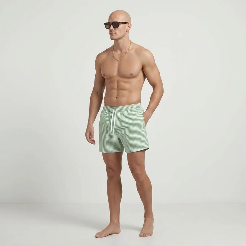 Kurze Herren Badeshorts mit Gummibund im Streifenmuster
