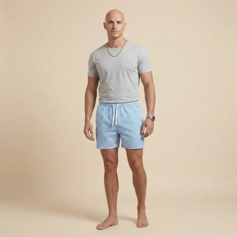 Kurze Herren Badeshorts mit Gummibund im Streifenmuster