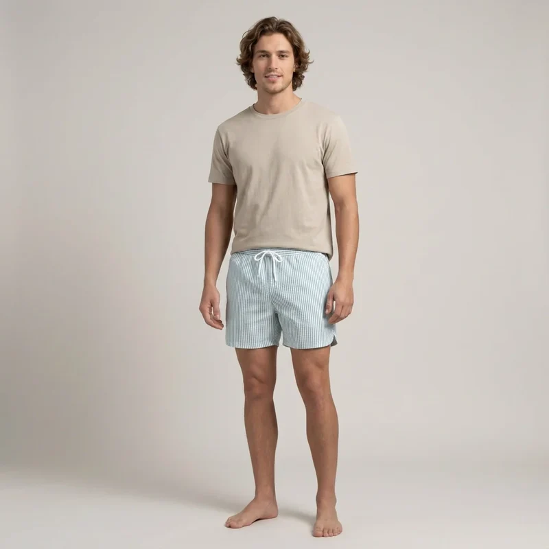 Kurze Herren Badeshorts mit Gummibund im Streifenmuster