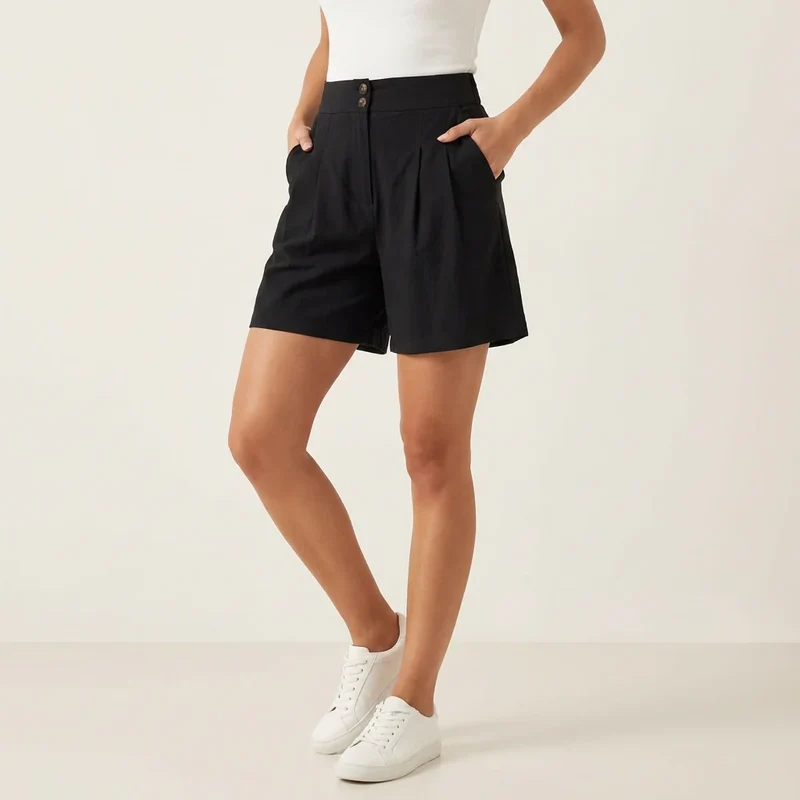 Bermuda für Damen aus Leinen mit High Waist und Knöpfen