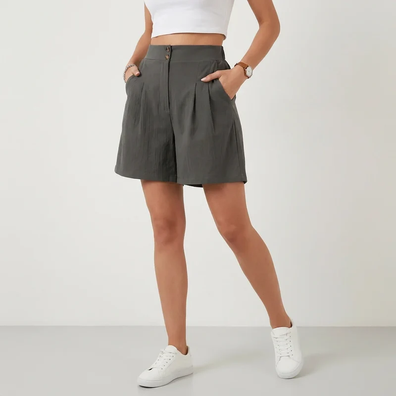 Bermuda für Damen aus Leinen mit High Waist und Knöpfen