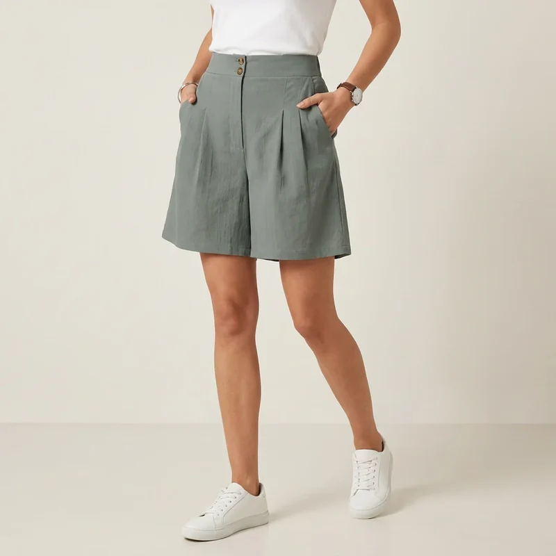 Bermuda für Damen aus Leinen mit High Waist und Knöpfen