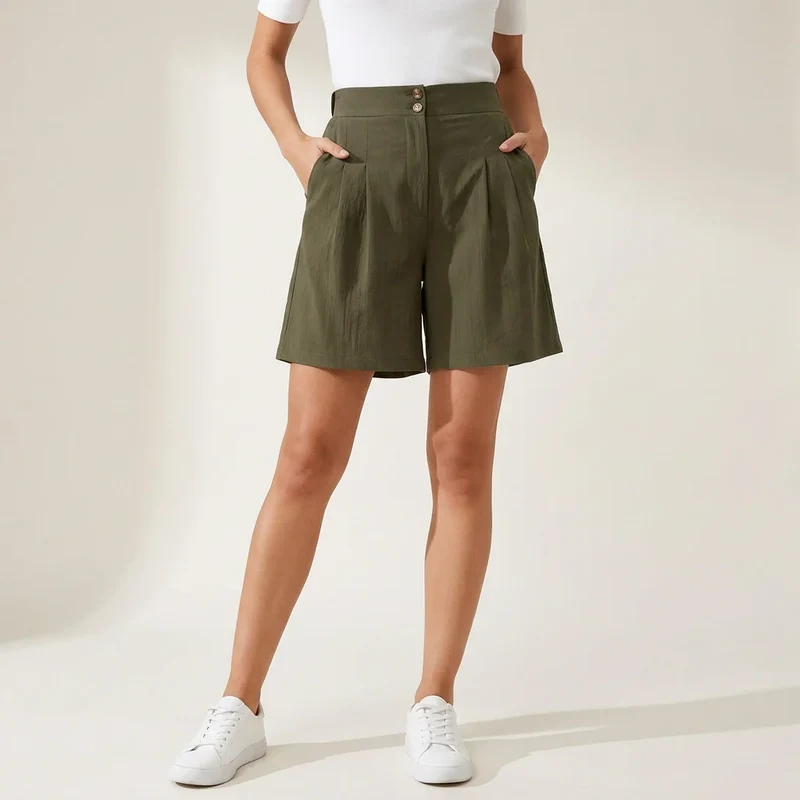 Bermuda für Damen aus Leinen mit High Waist und Knöpfen