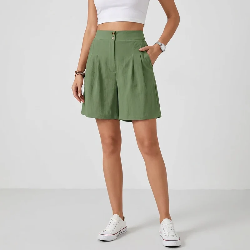 Bermuda für Damen aus Leinen mit High Waist und Knöpfen