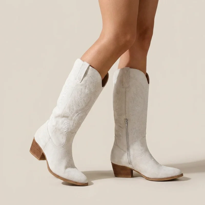 Cowboy Stiefel für Damen mit Blockabsatz und Stickerei