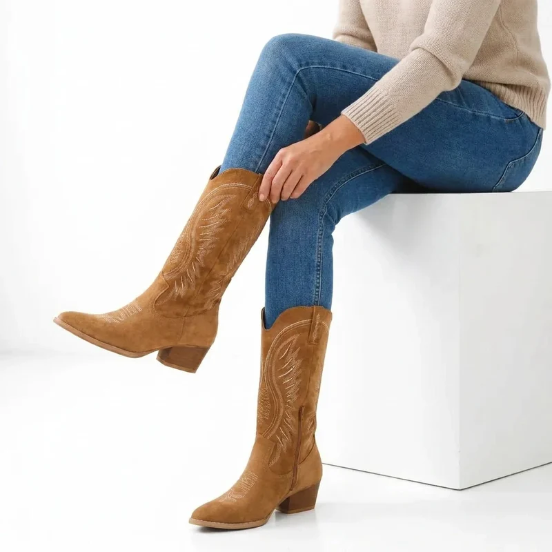Cowboy Stiefel für Damen mit Blockabsatz und Stickerei
