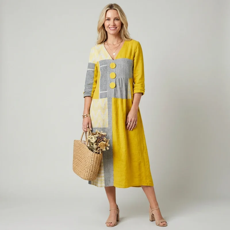 Midikleid in A-Linie mit 3/4-Arm und V-Ausschnitt