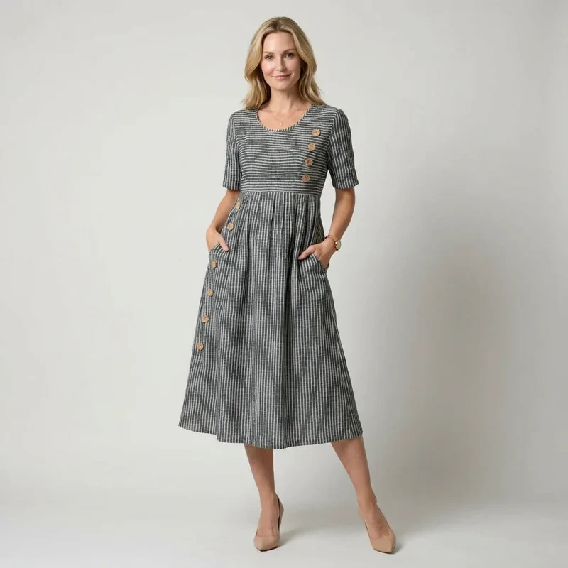 Midi Sommerkleid in A-Linie mit Kurzarm und Rundhalsausschnitt