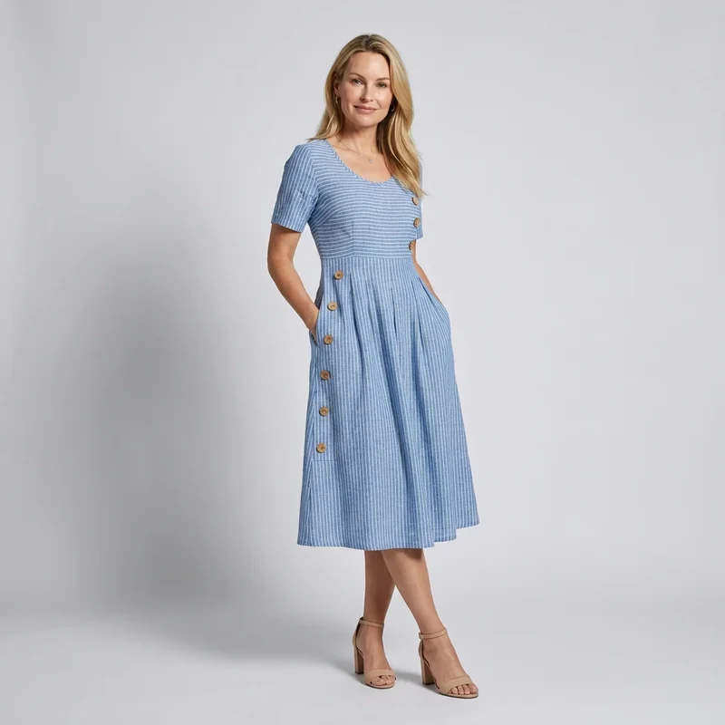 Midi Sommerkleid in A-Linie mit Kurzarm und Rundhalsausschnitt