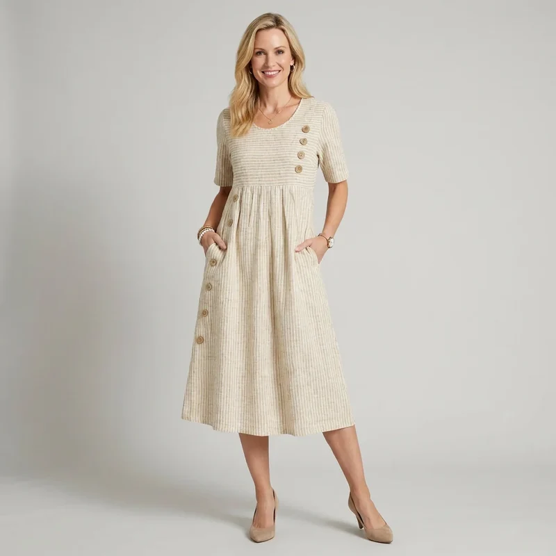 Midi Sommerkleid in A-Linie mit Kurzarm und Rundhalsausschnitt