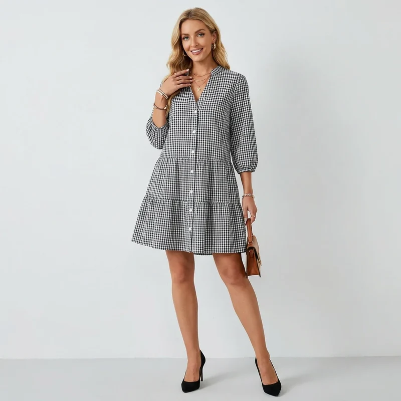 Minikleid in A-Linie mit Karomuster im Hemdblusen Stil