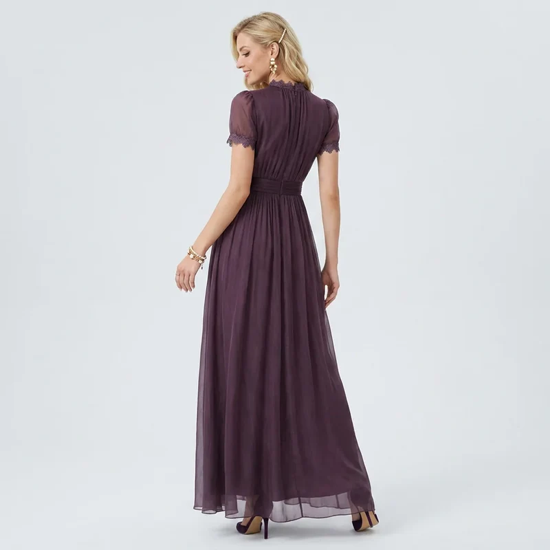 Maxikleid in A-Linie mit Kurzarm und Rüschenkragen aus Chiffon