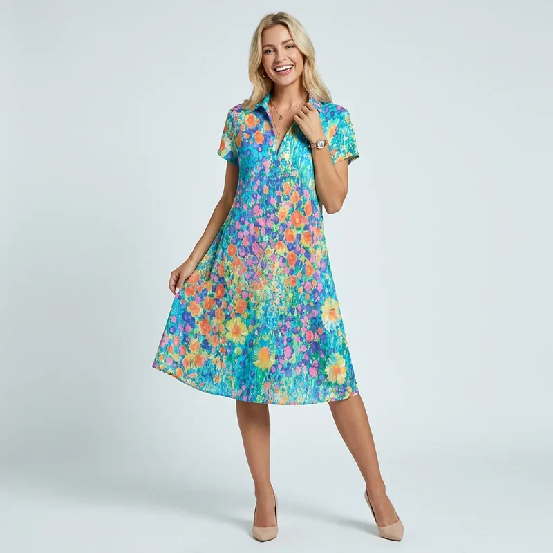 Sommerkleid in A-Linie mit kurzen Ärmeln im Blumenmuster