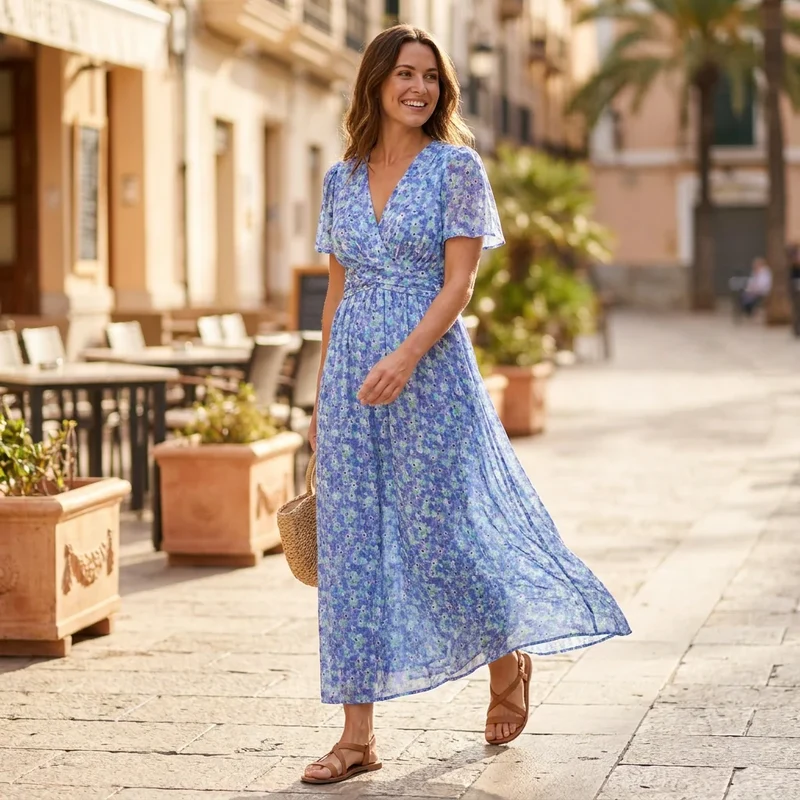 Maxikleid mit Blumenprint in taillierter Form mit Kurzarm