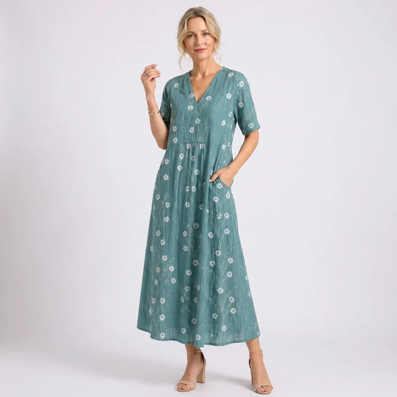 Kurzarm Blumenkleid mit V-Ausschnitt im A-Linien-Schnitt