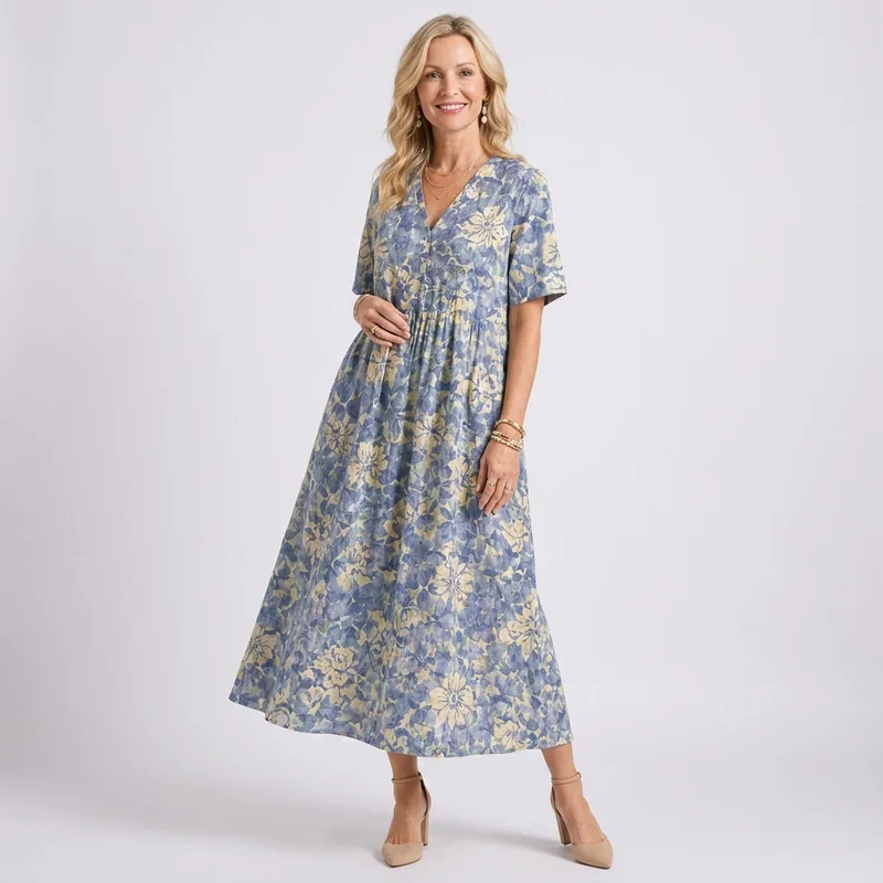 Kurzarm Blumenkleid mit V-Ausschnitt im A-Linien-Schnitt