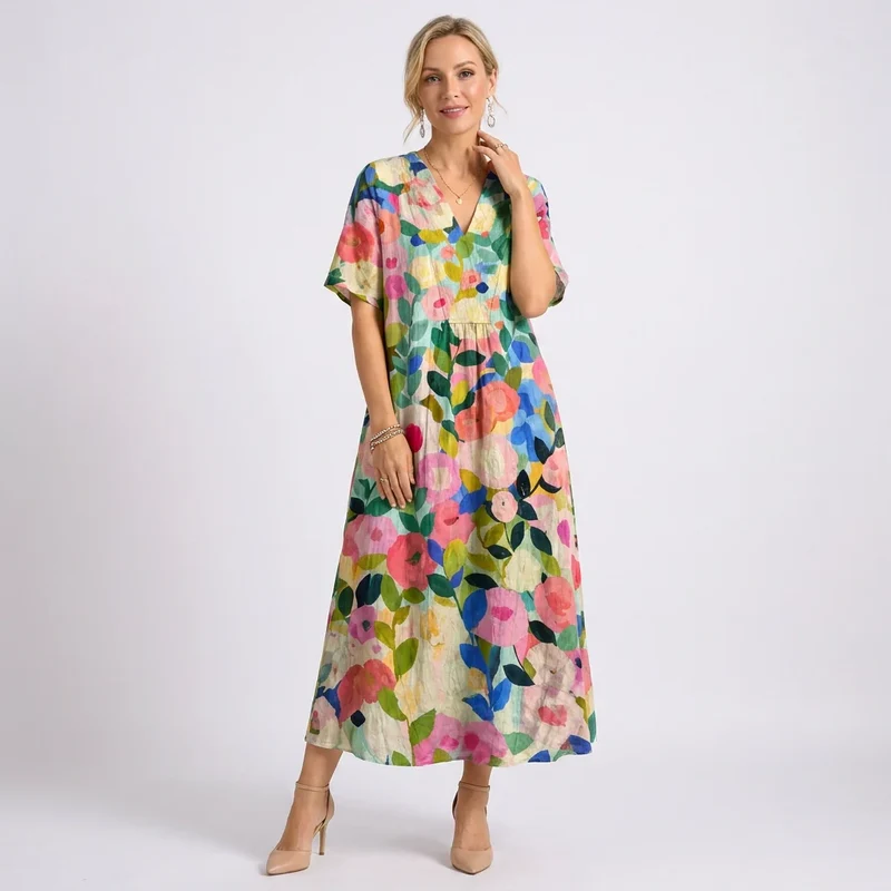 Kurzarm Blumenkleid mit V-Ausschnitt im A-Linien-Schnitt