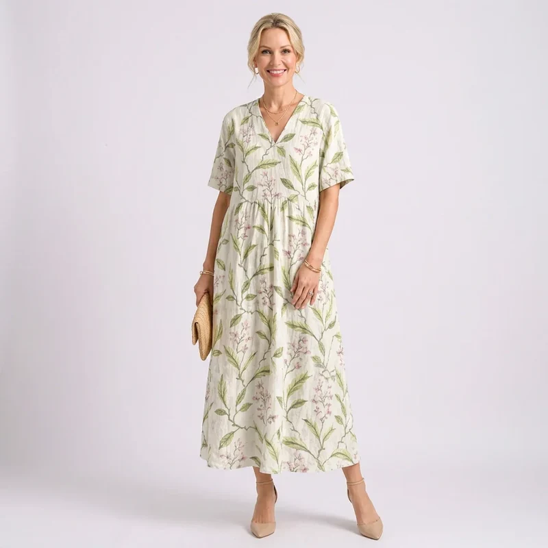 Kurzarm Blumenkleid mit V-Ausschnitt im A-Linien-Schnitt
