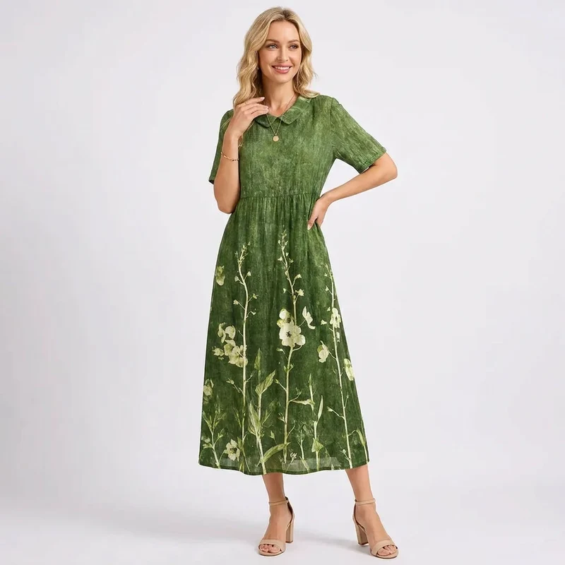 Kurzarm Blumenkleid mit V-Ausschnitt im A-Linien-Schnitt