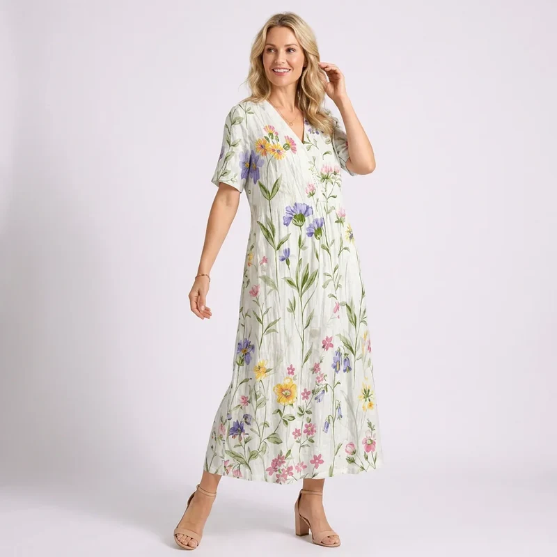Kurzarm Blumenkleid mit V-Ausschnitt im A-Linien-Schnitt