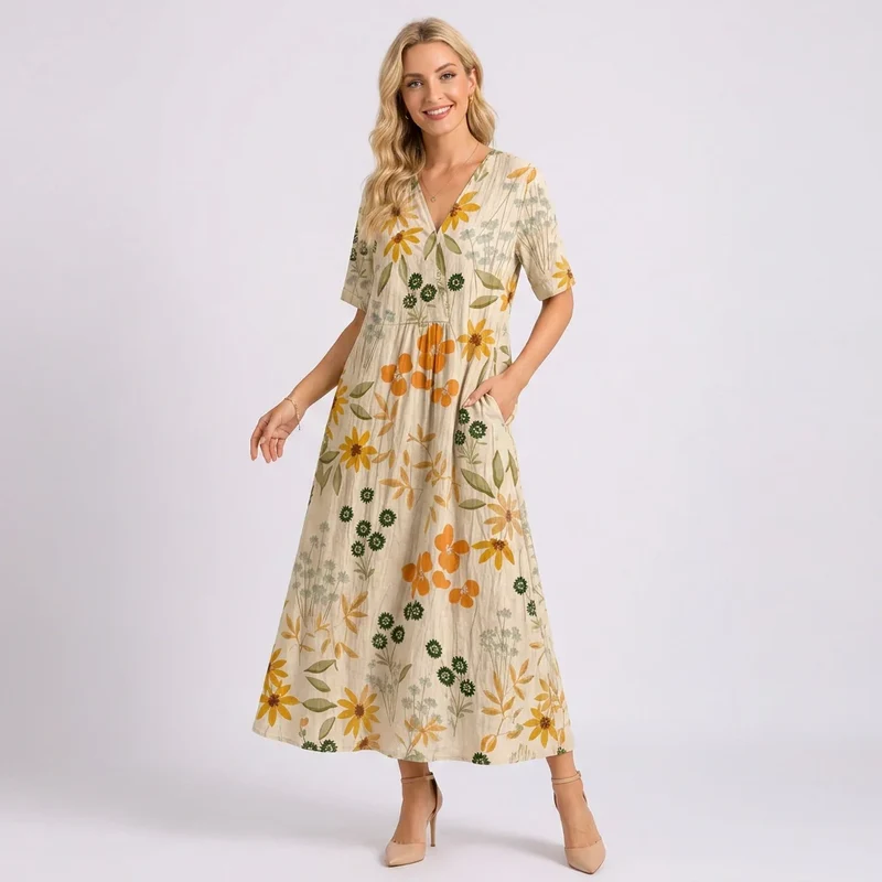 Kurzarm Blumenkleid mit V-Ausschnitt im A-Linien-Schnitt