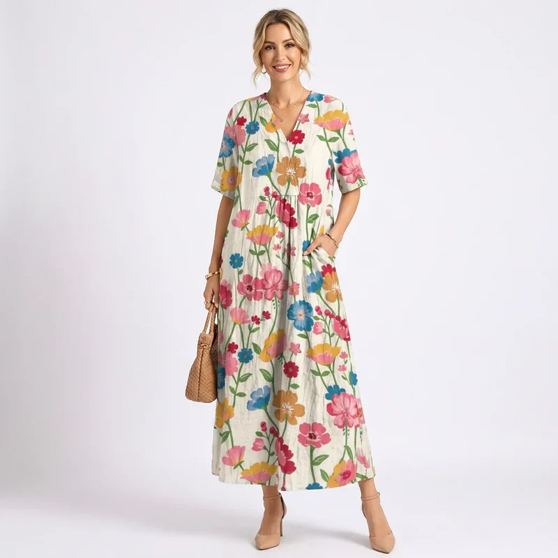 Kurzarm Blumenkleid mit V-Ausschnitt im A-Linien-Schnitt