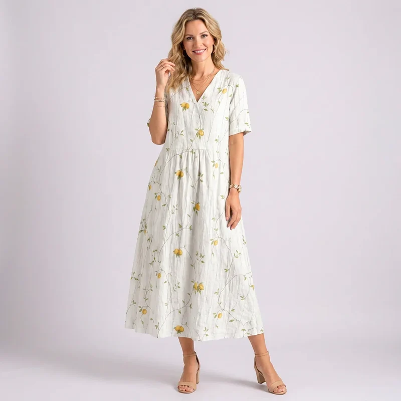 Kurzarm Blumenkleid mit V-Ausschnitt im A-Linien-Schnitt