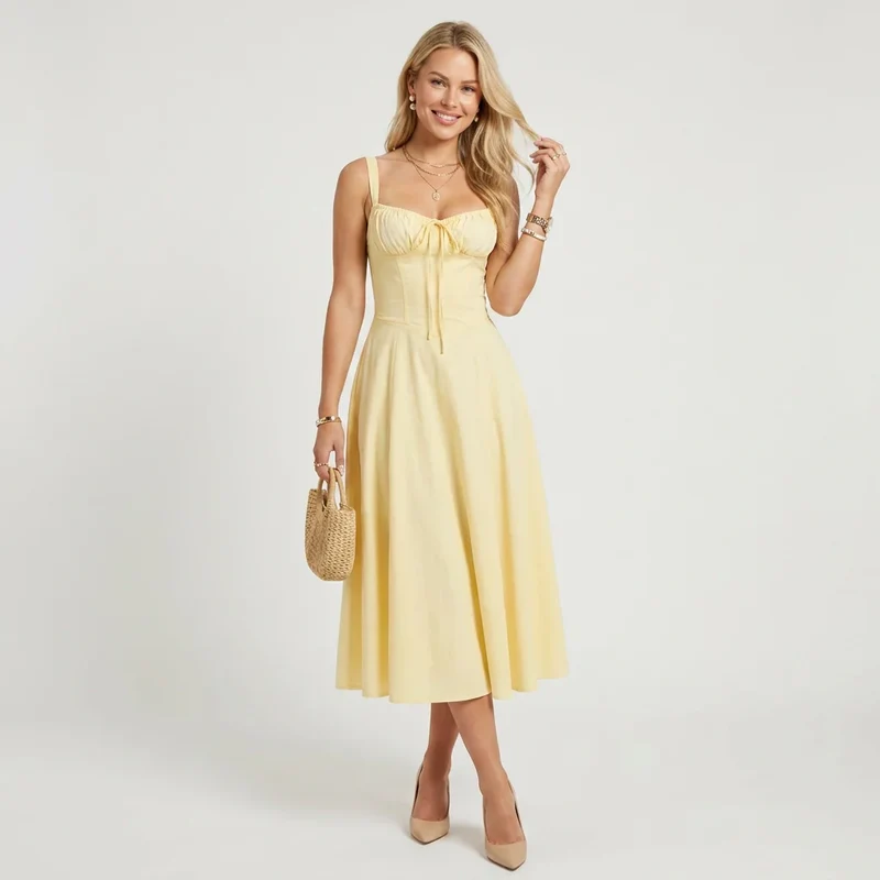 Blumenkleid in Midi-Länge mit breiten Trägern und Corsagen-Schnürung am Rücken