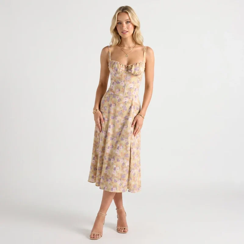Blumenkleid in Midi-Länge mit breiten Trägern und Corsagen-Schnürung am Rücken