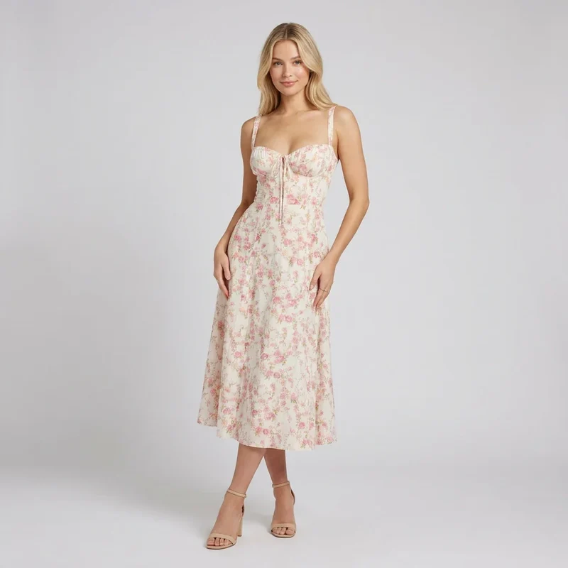 Blumenkleid in Midi-Länge mit breiten Trägern und Corsagen-Schnürung am Rücken