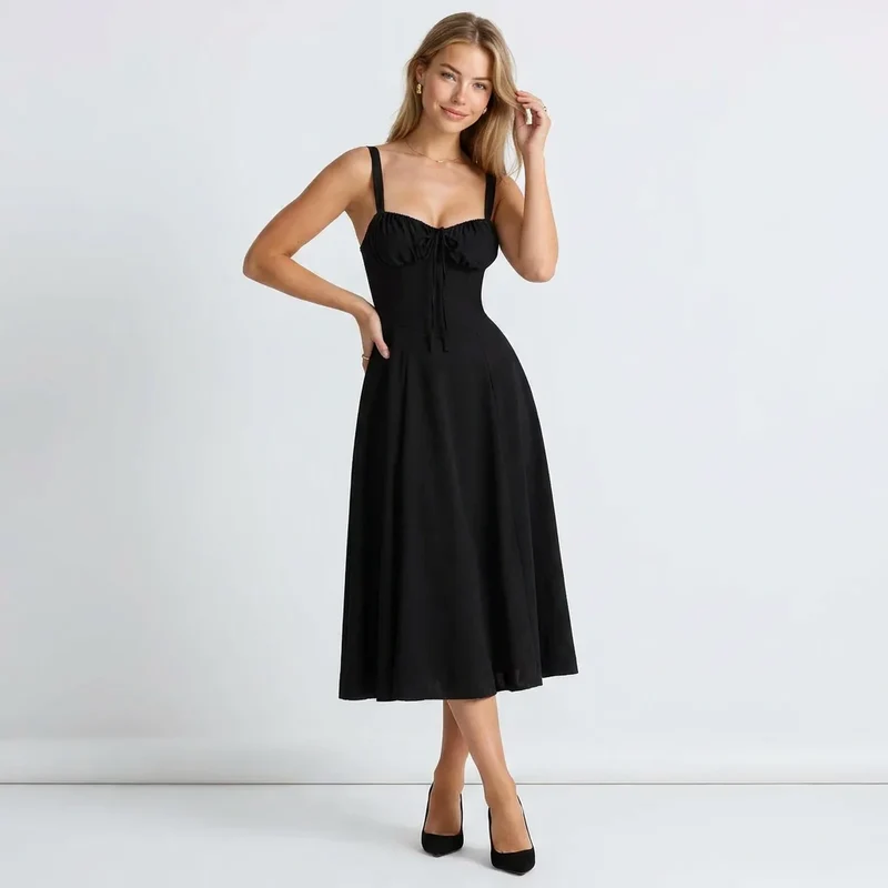 Blumenkleid in Midi-Länge mit breiten Trägern und Corsagen-Schnürung am Rücken