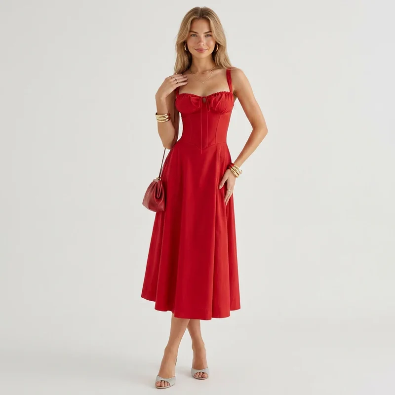 Blumenkleid in Midi-Länge mit breiten Trägern und Corsagen-Schnürung am Rücken
