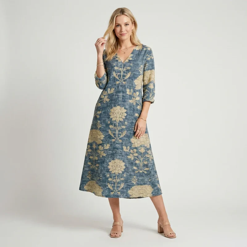Blumenkleid in Midi Länge mit Kurzarm und V-Ausschnitt