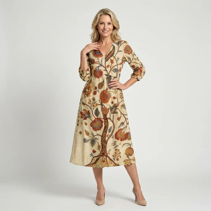 Blumenkleid in Midi Länge mit Kurzarm und V-Ausschnitt